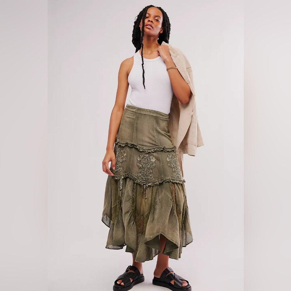 Free People Ophelia Embroidered Maxi SkirtTiered Eyelet Denim Y2K Skirt SIZE 8